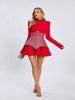 Elegant Pleated Stand Collar Long Sleeved Rhinestone Design Cocktail Party Mini Dress