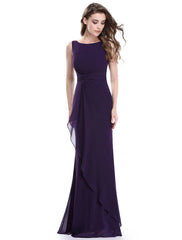 Long Chiffon Satin Cascading Ruffles V Back Sheath Floor Length Formal Bridesmaid Dresses