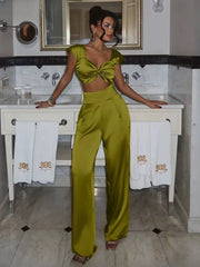 Elegant Sleeveless Crop Top With High Waist Wide Pants Two Piece Sets