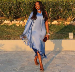 Elegant Tassel One Shoulder Loose Ribbon Full Sleeve Asymmetric Maxi Dress