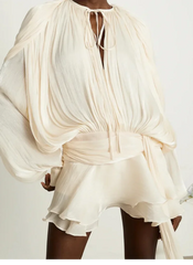 Hollow Out High Collar Slim Fit Long Sleeve Robe High Waist Pleated Party Dresses