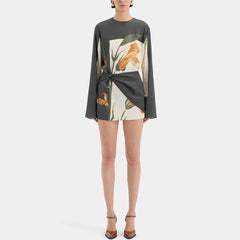 Elegant O-neck Floral Patchwork Long Sleeve Loose Mini Dress