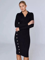 Casual Charming Buttons Polyester Long Sleeves V-Neck Knitted Dress