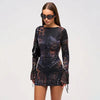 Casual O-Neck Leopard Print Slim Flared Long-Sleeved Package Hip Short Mini Dresses
