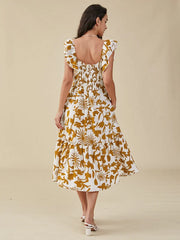 Flower Print Double Cap Sleeve Pocket Shirred Swing Dress