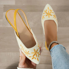 Women's Pointed Toe Slingback Sandals Floral Embroidery Low Kitten Heel