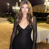 Lace Patchwork Sheer Long Sleeve V Neck Backless Bodycon Club Party Dress