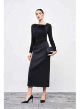 Elegant Diagonal Collar Long Sleeve Spliced High Waist Slimming Dresses