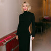 Elegant Hollow Long Sleeve Turtleneck High Slit Contrast Ribbon Maxi Dress