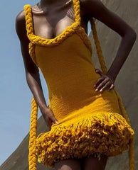 Elegant Fluff Patchwork Tassel Skinny Mini Dress