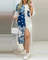 Button Front Patchwork Print Midi Dress