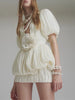 Elegant Deep V Neck Puff Sleeve Flower Patchwork Mini Short Sleeve Dress