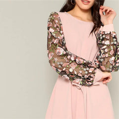 Casual A-Line Flower Embroidered Mesh Sleeve Belted Mini Dress