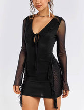 Elegant Ruffle Cut Out Long Sleeve Deep V-Neck Tie Up Mesh Mini Dress