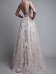 Evening V-Neck Backless Floor Length Lace Semi Formal Party Dresses