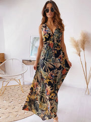 Maxi Dresses Sleeveless Printed V-Neck Polyester Floor Length Dress