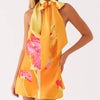Casual Floral Halter Neck With Scarf Back Silk Satin Bodycon Mini Dress