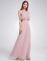 Chiffon Long Halter Sleeveless Layered Prom Dresses A Line Floor Length Party Bridesmaid Dress