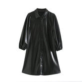 Casual Lantern Long Sleeve Street Wear PU Leather Mini Dress
