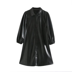 Casual Lantern Long Sleeve Street Wear PU Leather Mini Dress