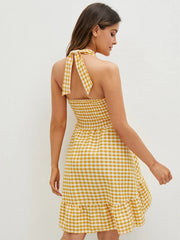 Check Print Smocked Self Tie Halter Cut Out Open Back Dress