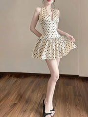Elegant Ruched Polka Dots Print Halter Off Shoulder Backless Ruffles Mini Dress