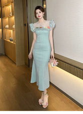 Luxurious Elegant Pearl O-neck Flowers Ruffles Delicate Dress