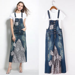 Denim And Gauze Suspenders Beaded Embroidery Dress