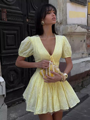 Elegant V-Neck Zipper And Daily Casual Puff Sleeves Eyelet Mini Dress
