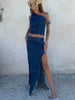 Vintage One Shoulder Lace Up Tops A-lined Denim Shirt Slim Skirt Set
