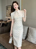 Elegant Shirt Dot Print Lapel Slim Midi Pencil Knee Length Dress
