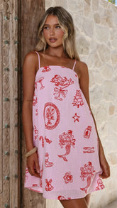 Bethani Mini Dress - Pink Festive Print
