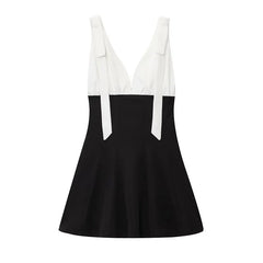Casual Bow Backless Patchwork Short Slip Mini Dresses