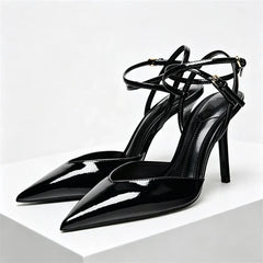 Pointed Toe Patent Leather Pumps Elegant Ankle Strap Buckle High Heel