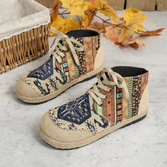Veowalk High Top Cotton Embroidered Casual Linen Flat Shoes