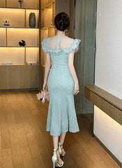 Luxurious Elegant Pearl O-neck Flowers Ruffles Delicate Dress