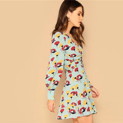 Casual A Line Button Front Deep V-Neck Floral Print Mini Dress