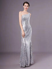 Silver Mermaid Sequined One-Shoulder Evening Dress