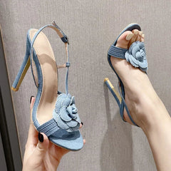 High Quality Denim Brand Sandals Flower Narrow Band High Heel