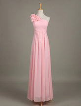 Blush Chiffon One Shoulder Ruffled Zipper A Line Long Wedding Party Bridesmaid Dress