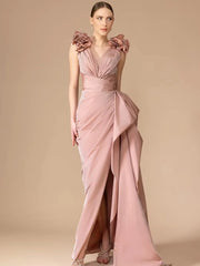 Classic Pleat Flower A-line V-neck Sleeveless Cocktail Long Maxi Dresses