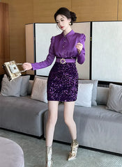Elegant Formal Occasion 2-Piece Shirt Sequin Slim Pencil Short Dress