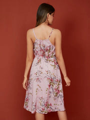 Flower Print Spaghetti Strap Open Back Midi Dress