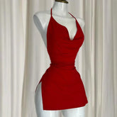 Casual O-Neck Pullover Sleeveless Backless Halter Camisole Bodycon Mini Dress