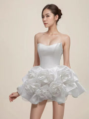 Elegant Lace Flower Strapless Zipper Birthday Party Mini Dress