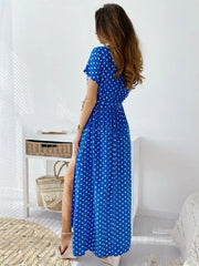 Maxi Dresses Short Sleeves Polka Dot V-Neck Split Front Maxi Polyester Long Dress