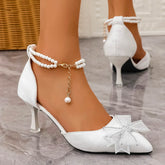 Elegant Pearl Chain Ankle Strap Pumps Bowknot Decoration Pointed Toe High Heel