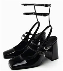 Luxury Designer Sandals Ankle Strap Buckle Square Toe Chunky High Heel