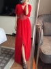 Elegant Solid V-Neck Short Sleeves High Waist Patchwork Diamonds Loose Split Maxi Dress