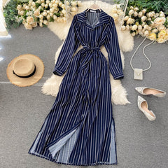 Striped Long Blouses Turn-down Collar Long Sleeve Button Office Split A-line Maxi Dress